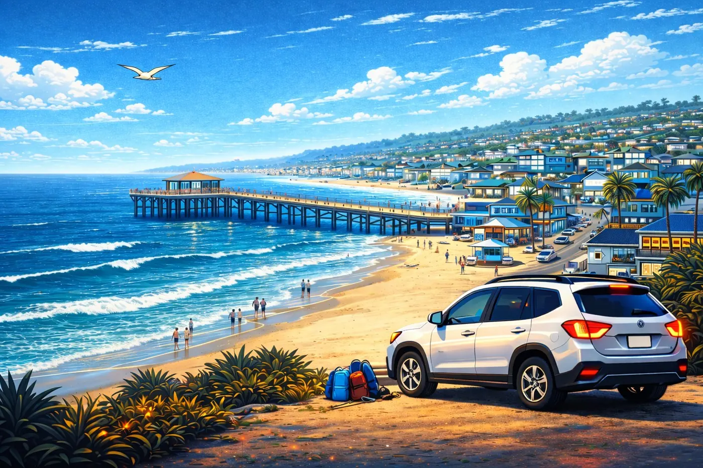 Mobile car detailing service area near Crystal Pier in Pacific Beach San Diego - coastal SUV parked by the beach showing sand and salt air exposure that damages car paint and interiors
