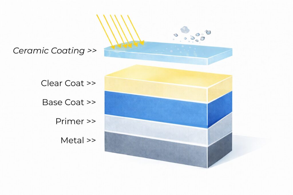 Diagram of a ceramic coating layer sitting on top of the clear coat, base coat, primer and metal of car paint