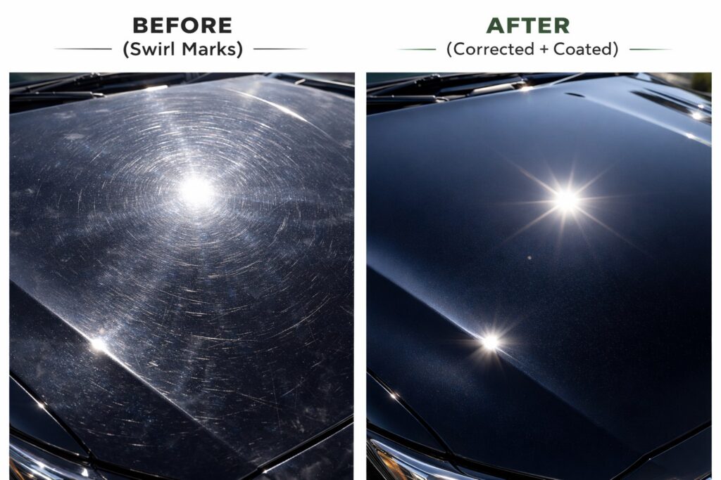 Before and after: swirl marks on a dark car hood, then the same paint polished and finished with a ceramic coating