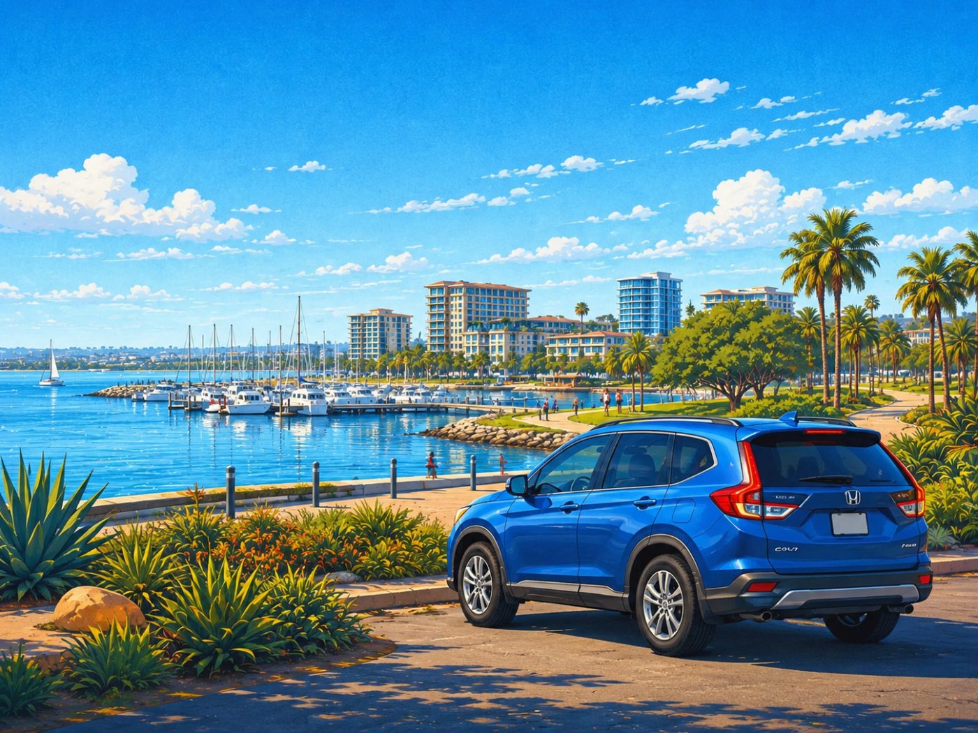 Illustration of a blue Honda CR-V parked near the Chula Vista bayfront marina park. Mobile car detailing in Chula Vista.