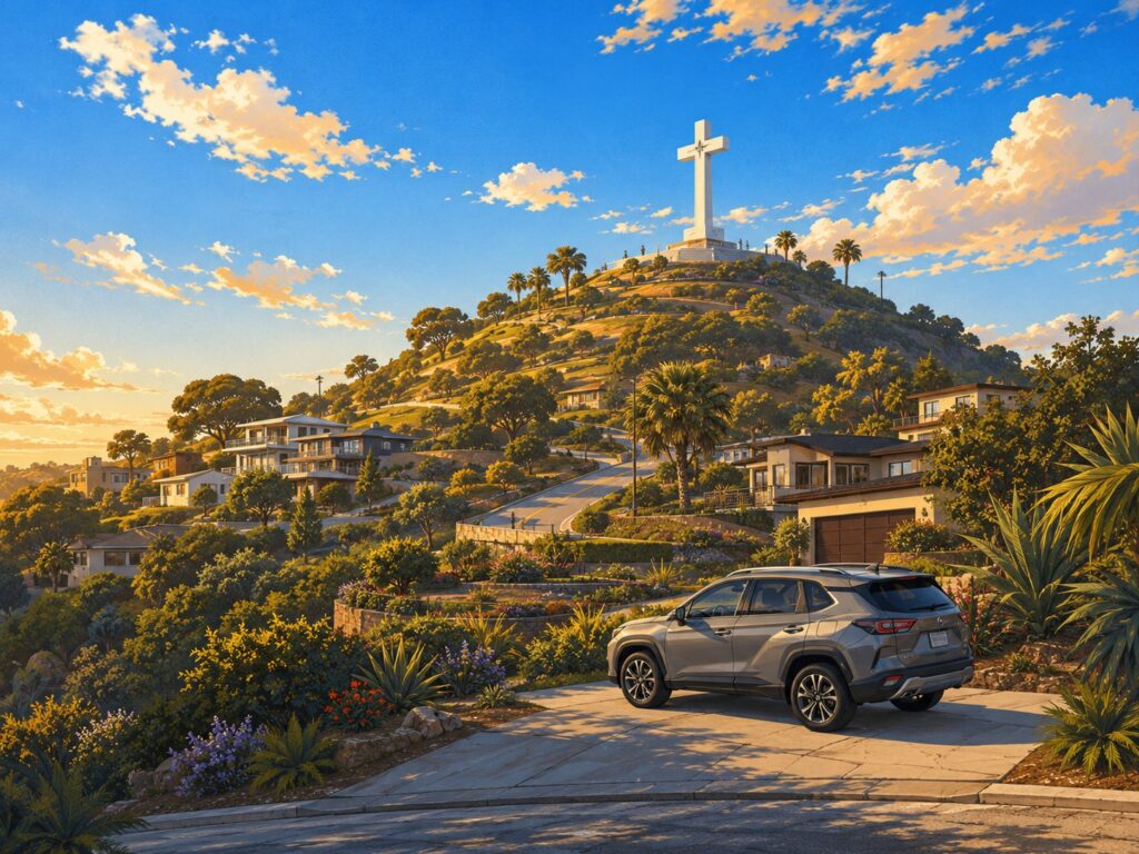 Illustration of La Mesa hillside homes below the Mount Helix cross with a grey Toyota RAV4 on a sloped driveway. Mobile car detailing in La Mesa.
