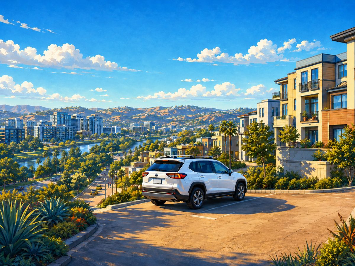 Illustration of Mission Valley condos along Friars Road with a Toyota SUV and a Tesla in a condo motor court