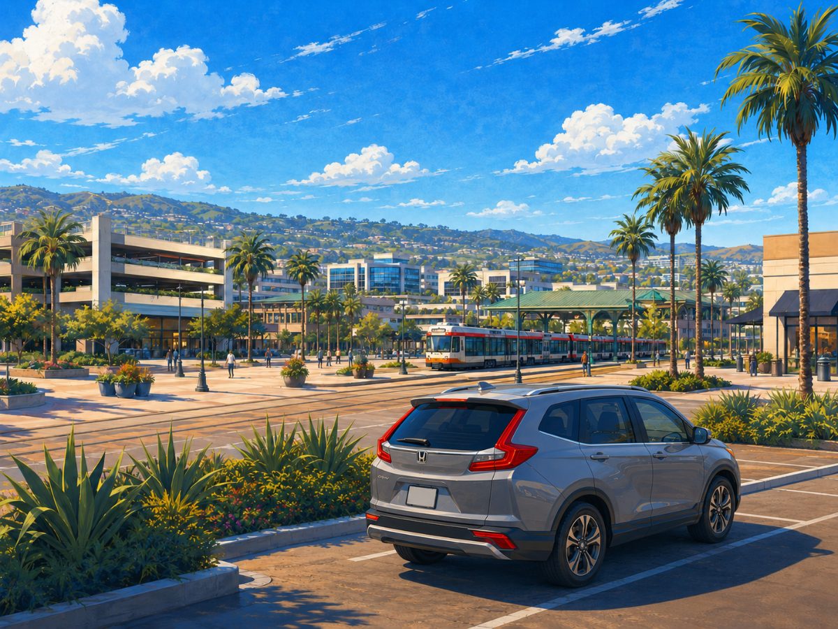 Illustration of the Fashion Valley shopping district in Mission Valley with a Honda SUV and a BMW at the curb