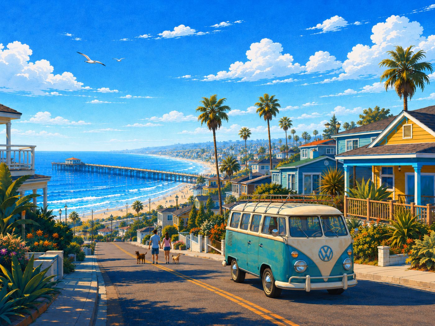 Illustration of a vintage VW bus parked on an Ocean Beach cottage street with the OB Pier and coastline in the distance. Auto detailing in Ocean Beach.