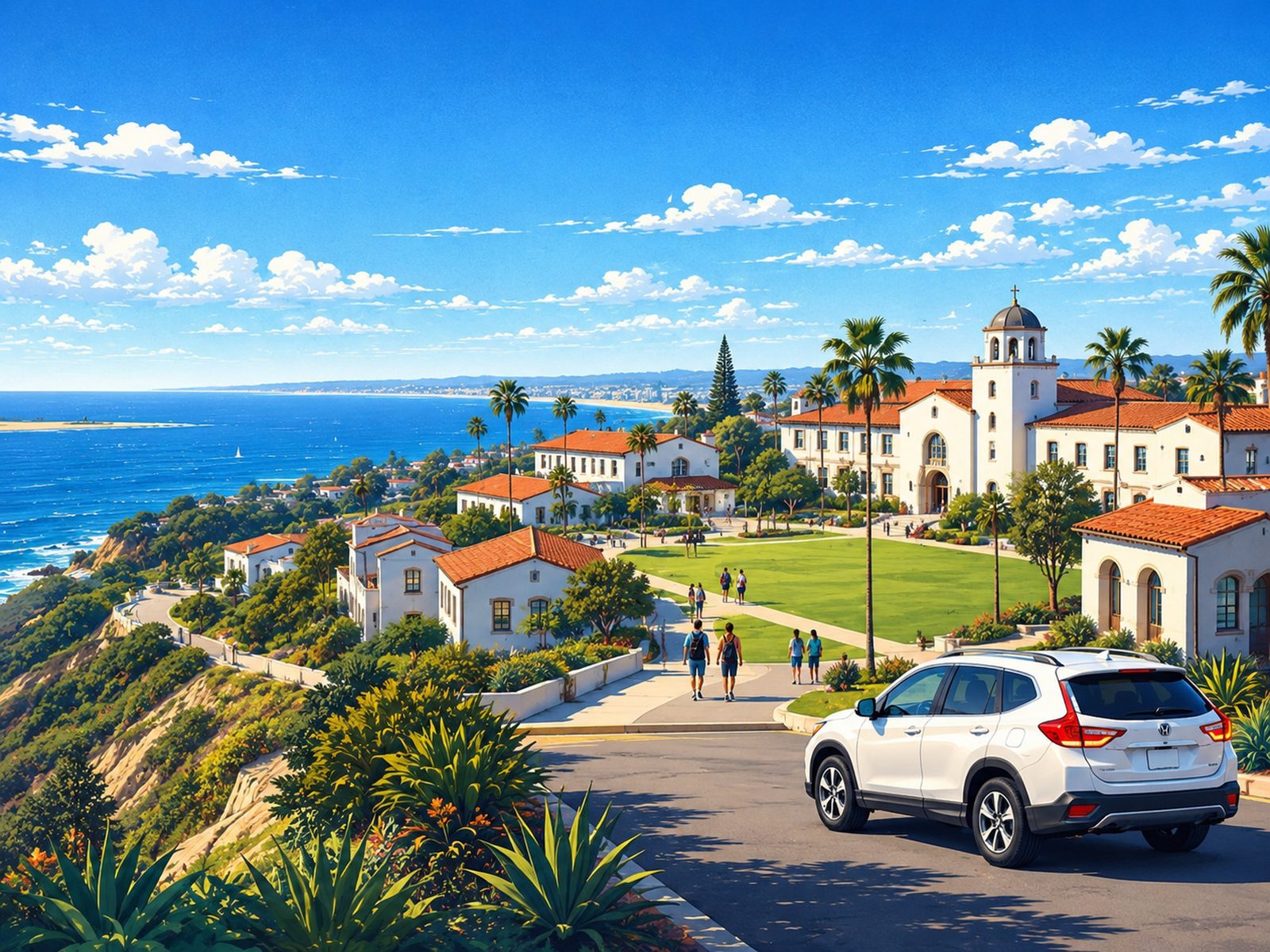 Illustration of the Point Loma Nazarene University campus on the ocean bluffs