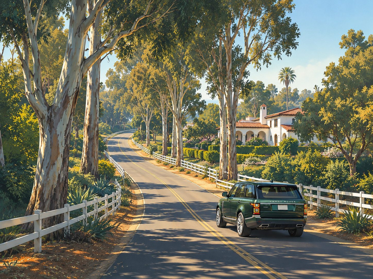Eucalyptus-lined country lane in Rancho Santa Fe with a Range Rover passing white ranch fencing