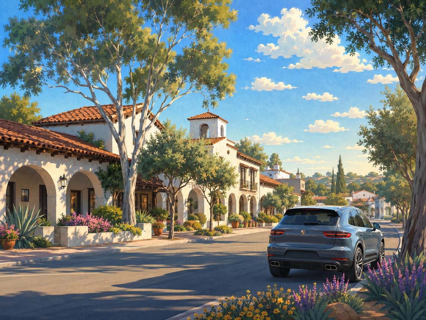 Rancho Santa Fe village shops on Paseo Delicias with cars parked out front