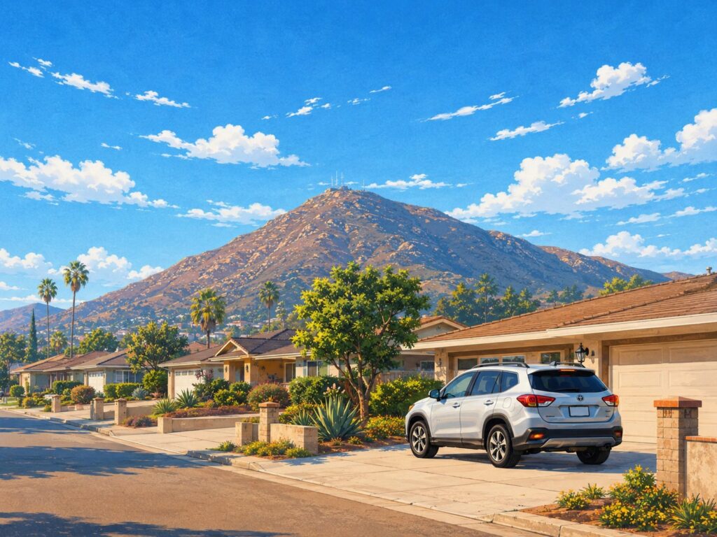 Illustration of a Santee street below Cowles Mountain with a silver Toyota RAV4 in a driveway. Mobile car detailing in Santee.