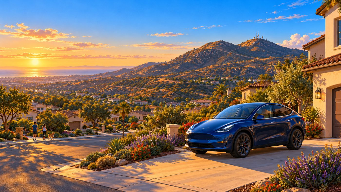 Illustration of a Tesla Model Y in a San Elijo Hills driveway below Double Peak at sunset, mobile car detailing in San Marcos