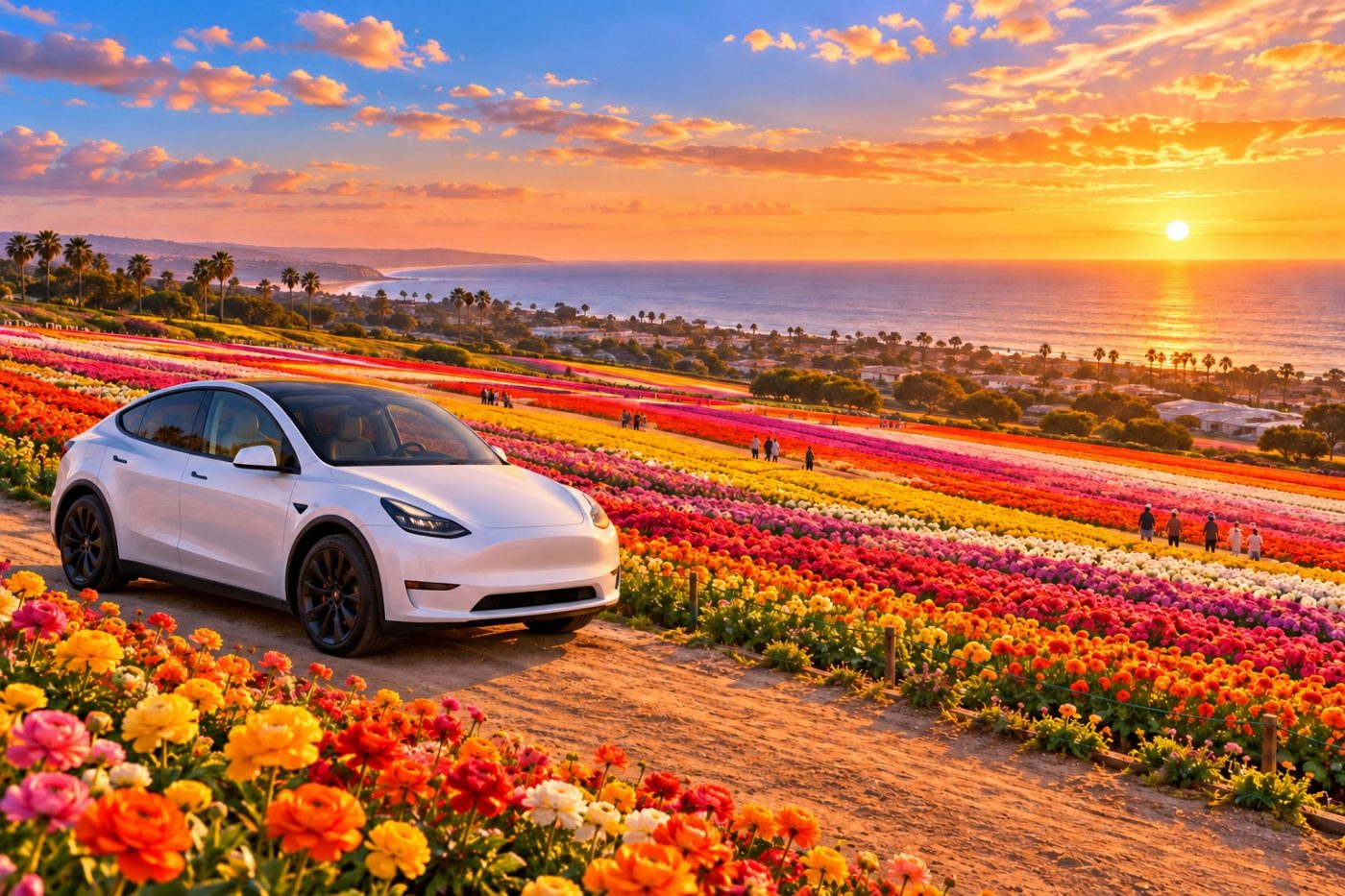 Illustration of a white Tesla Model Y beside the Carlsbad Flower Fields in bloom at sunset. Mobile auto detailing in Carlsbad.