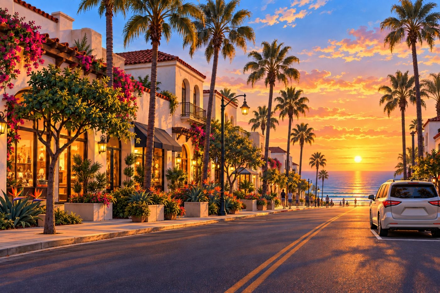 Illustration of a silver Toyota Sienna on a palm-lined street in Carlsbad Village at sunset. Mobile auto detailing in Carlsbad.