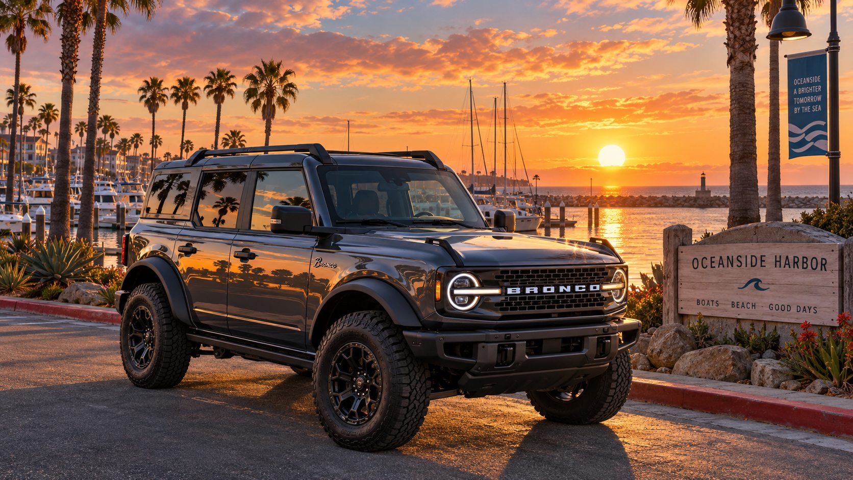 Illustration of a glossy black Ford Bronco by Oceanside Harbor at sunset, ceramic coating in Oceanside