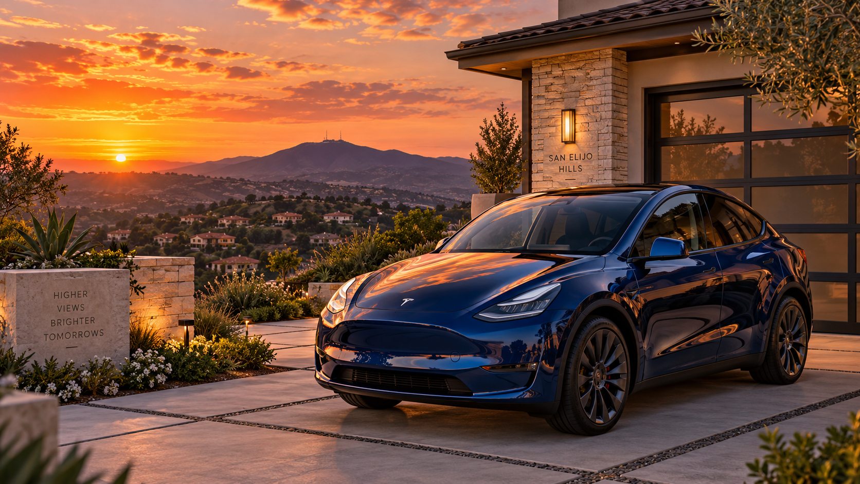 Illustration of a glossy blue Tesla Model Y in a San Elijo Hills driveway at sunset, ceramic coating in San Marcos