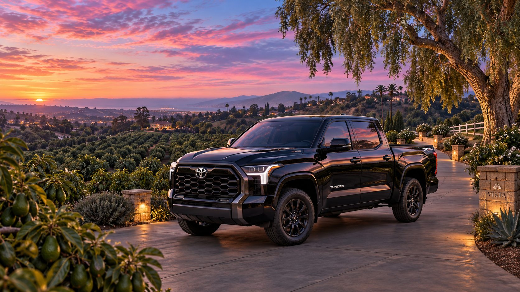 Illustration of a glossy black Toyota Tundra in a Vista hillside driveway at dusk, ceramic coating in Vista