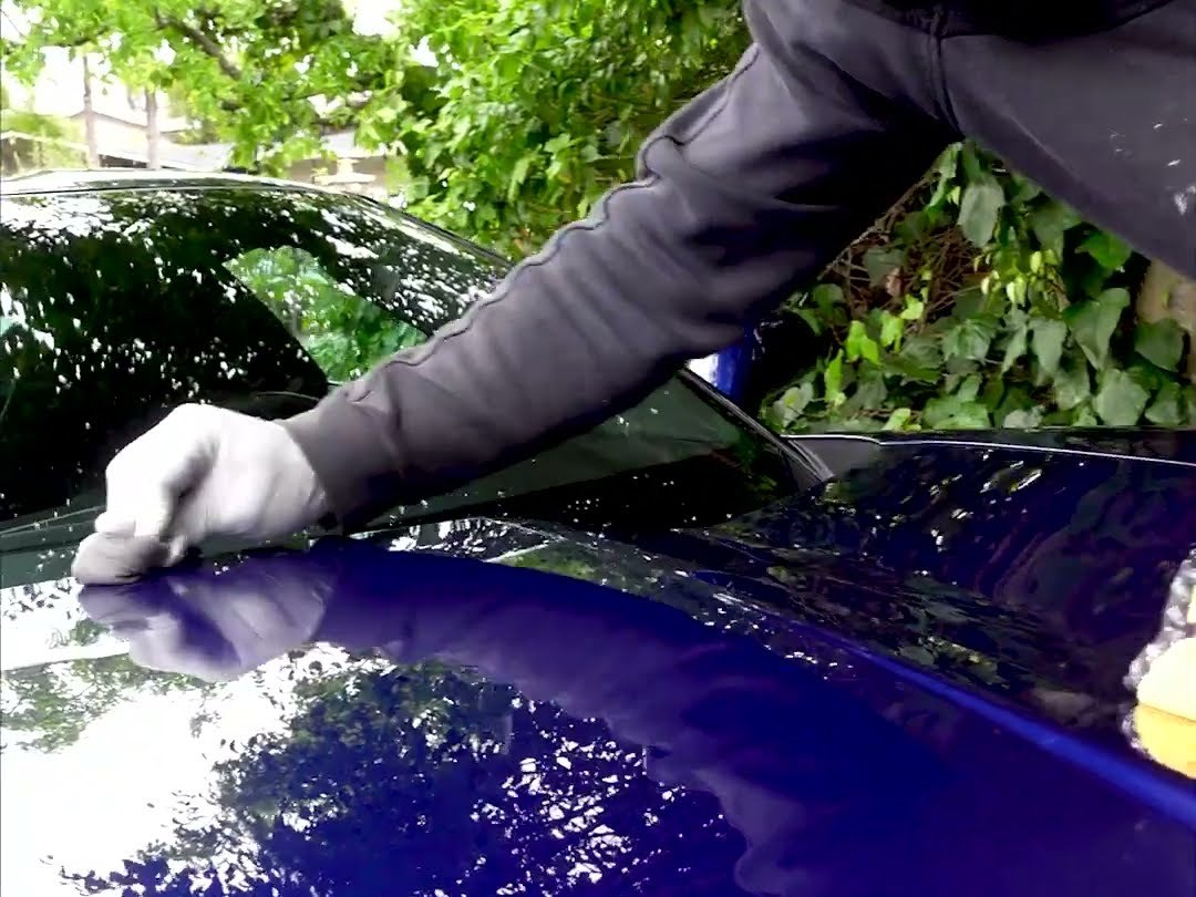 Gloved hand applying a ceramic coating to the hood of a blue Corvette Stingray