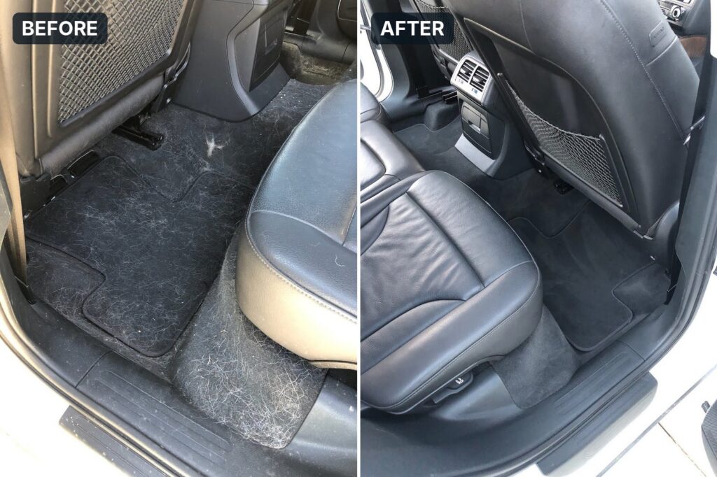 Before and after: dog hair matted into an Audi Q5 rear footwell carpet, then the same carpet clean after pet hair removal