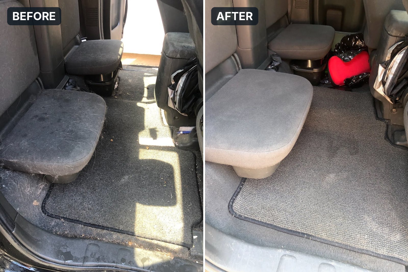 Before and after: a pickup truck's back seat and carpet covered in dog hair, then clean after pet hair removal