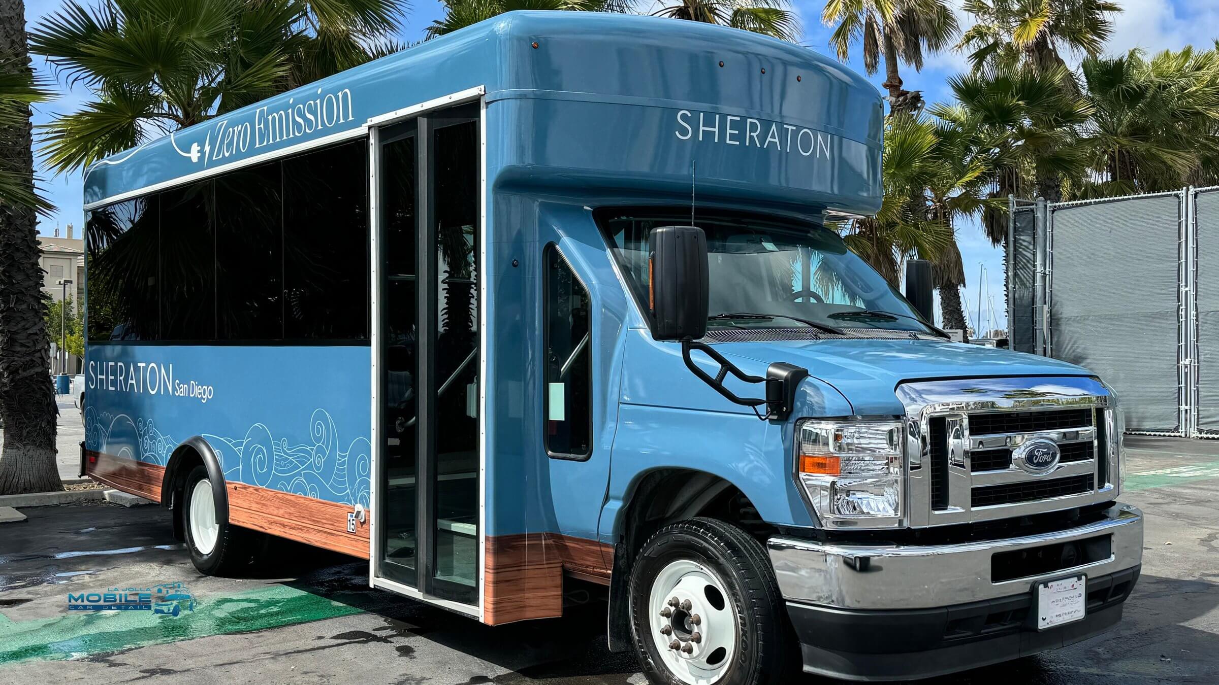 Results A professional detailer performing high-pressure truck detailing on a Sheraton San Diego zero-emission shuttle bus to maintain a professional fleet appearance.