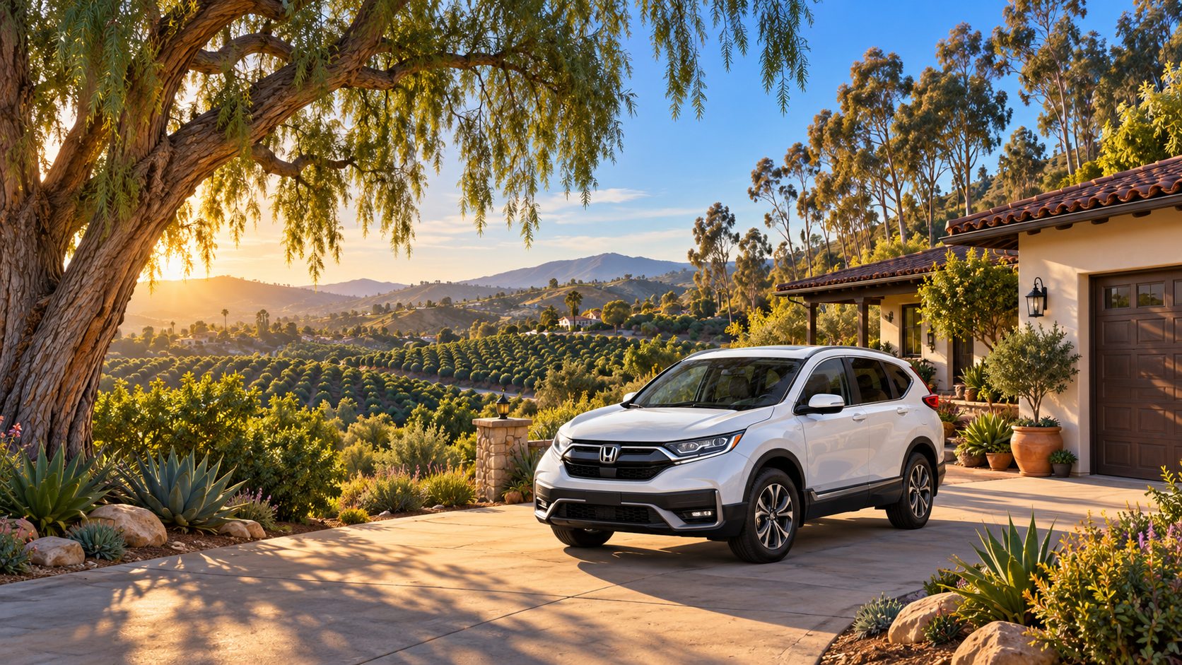 Illustration of a white Honda CR-V in a hillside driveway above Vista avocado groves, mobile car detailing in Vista