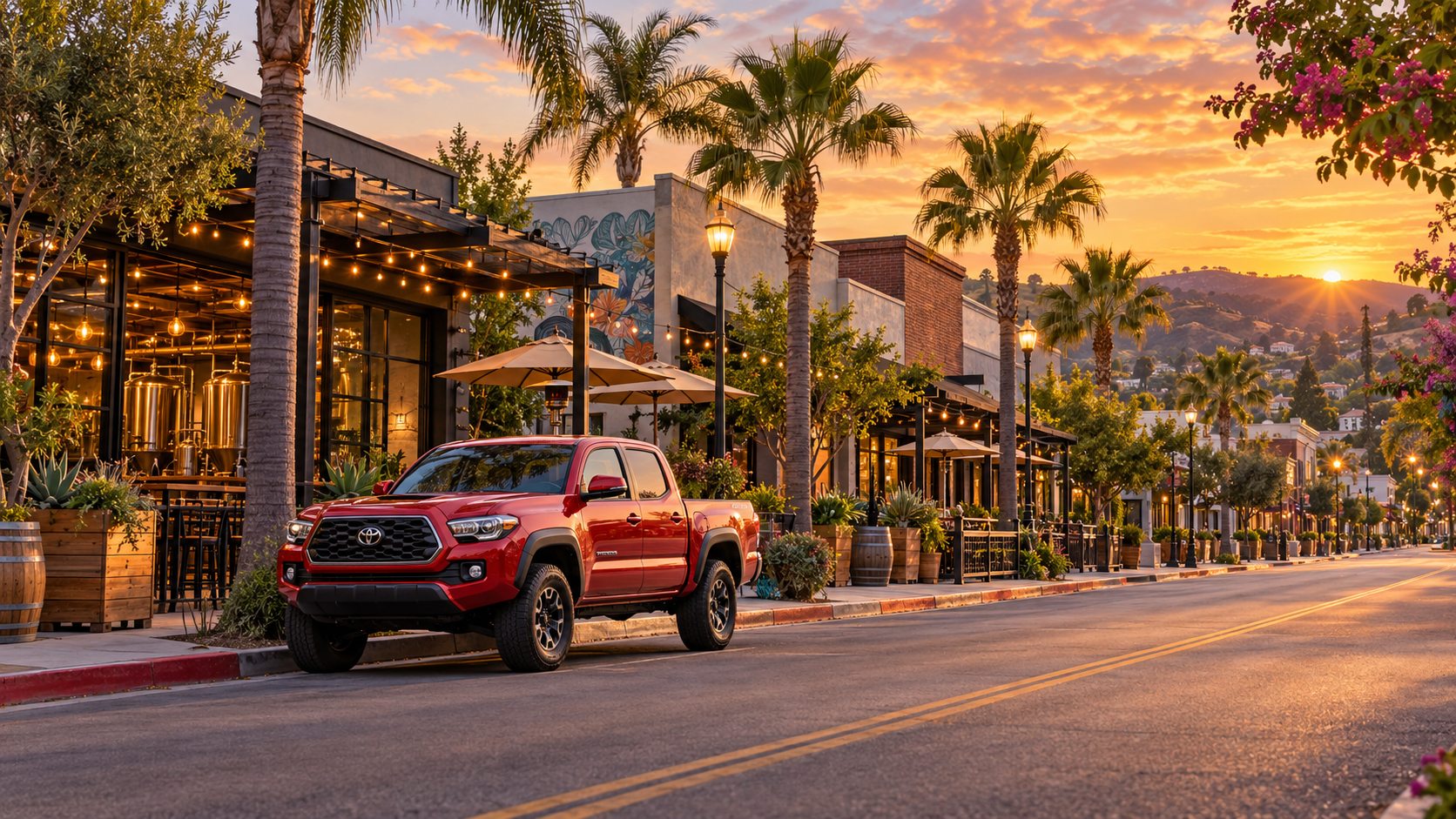 Illustration of a red Toyota Tacoma parked by the brewery patios in Vista Village, mobile car detailing in Vista
